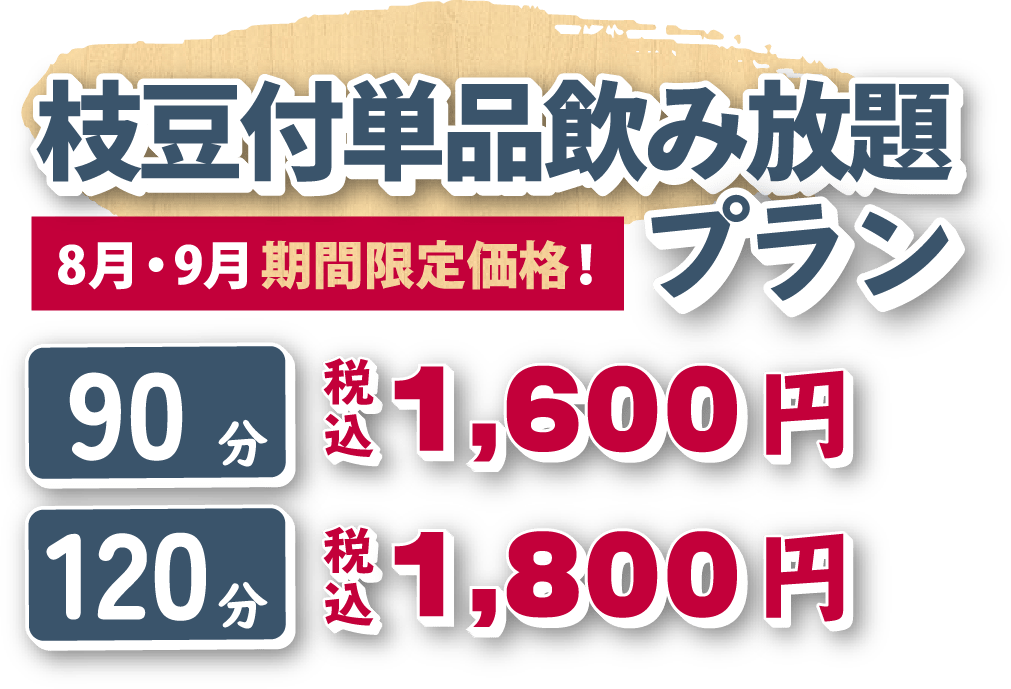 枝豆付単品飲み放題プラン 8月・９月限定価格！ 90分 税込1,600円　120分 税込1,800円